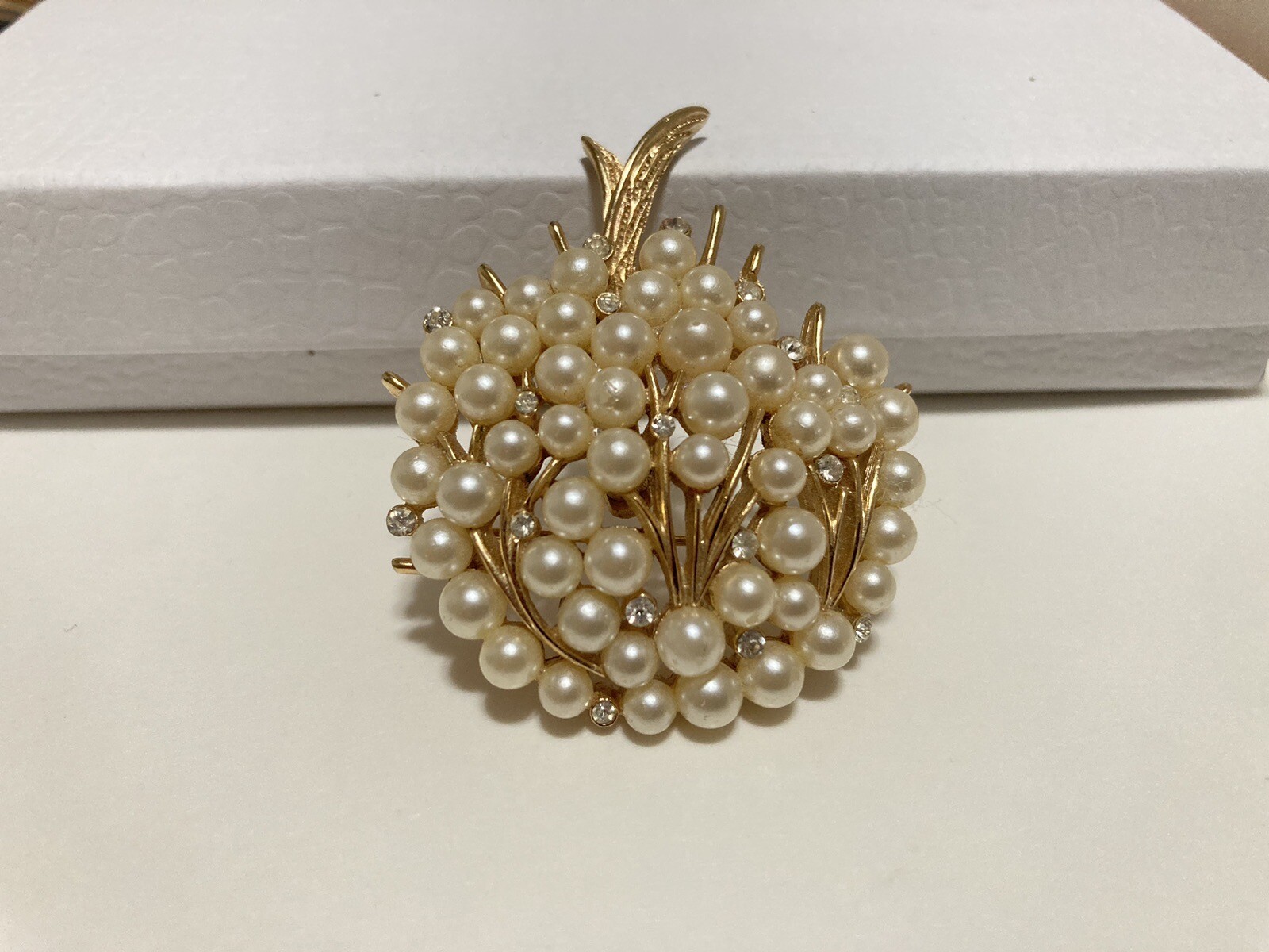 Crown Trifari  Gold Tone Faux Pearl Brooch