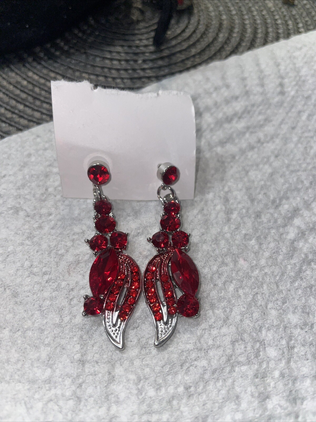 Earrings, Silver Tone Red, Rhinestone Dangle Earr… - image 12