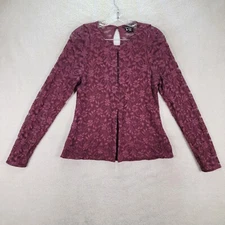 Moda International Women Top Size M Burgundy Floral Lace Sheer Key Hole Blouse