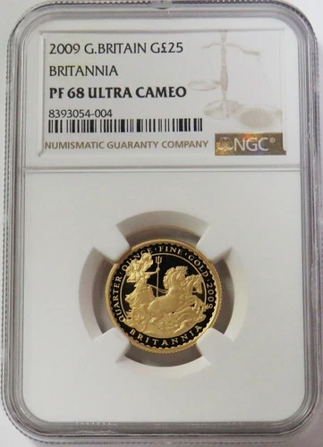 2009 GOLD 797 MINTED GREAT BRITAIN 25 POUNDS BRITANNIA 1/4oz NGC PROOF 68 UC