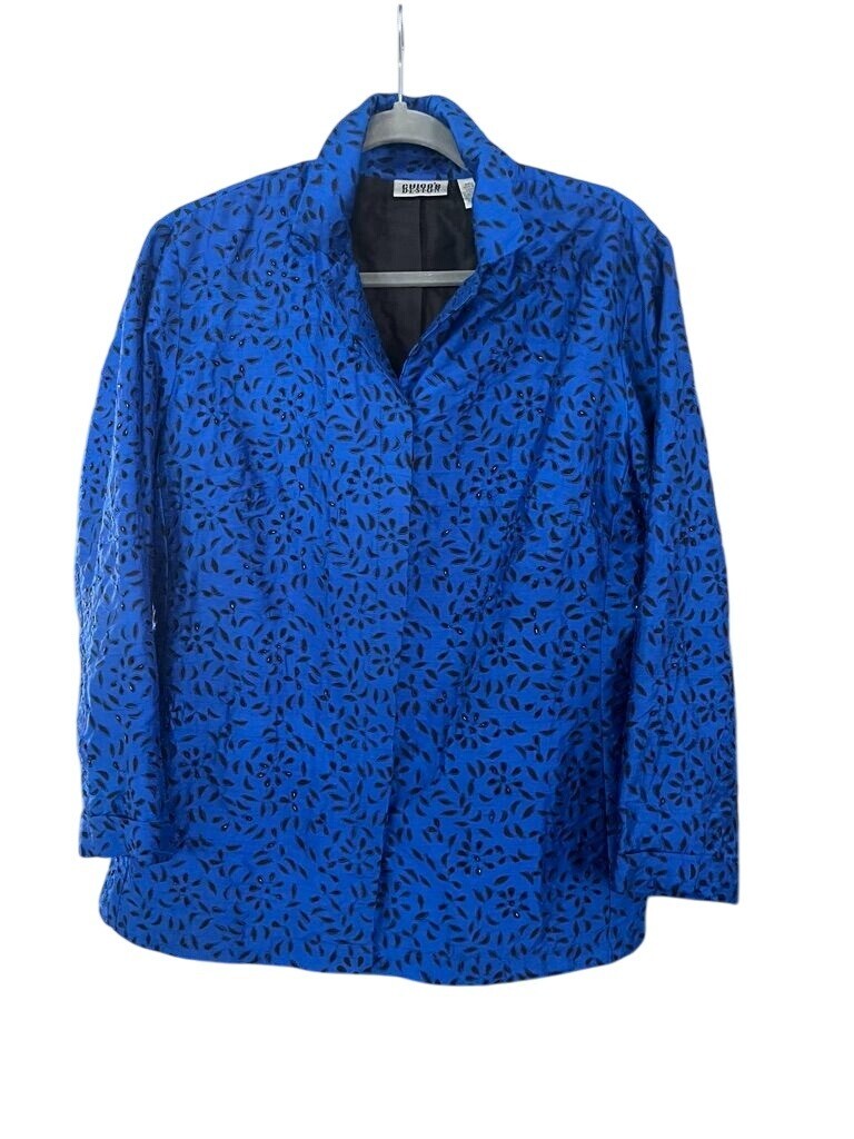 Chicos Silk Floral Jacket L Blue Beaded Retro Coastal Old Money Preppy Classic