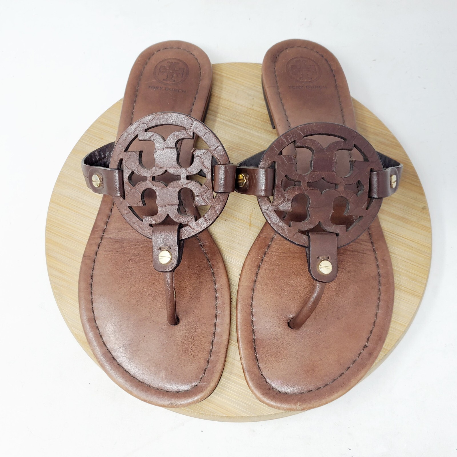 Tory Burch Miller Sandals Womens 9 Strappy Thong Dark Brown Leather Logo Shoes