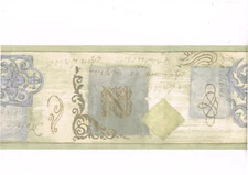 Green Diamond Blue Block Gold Scroll Script Letter N Textured Wallpaper Border