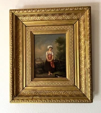 SALE Antique French Oil Painting Young Woman Gilt Wood Frame