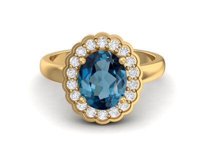 925 Sterling Silver Yellow Plated Oval London Blue Topaz Solitaire Women Ring