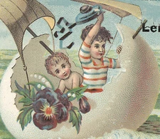 1880's CORTICELLI SPOOL SILK TRADE CARD, CHILDREN IN LARGE EGG SHELL BOAT  C1265