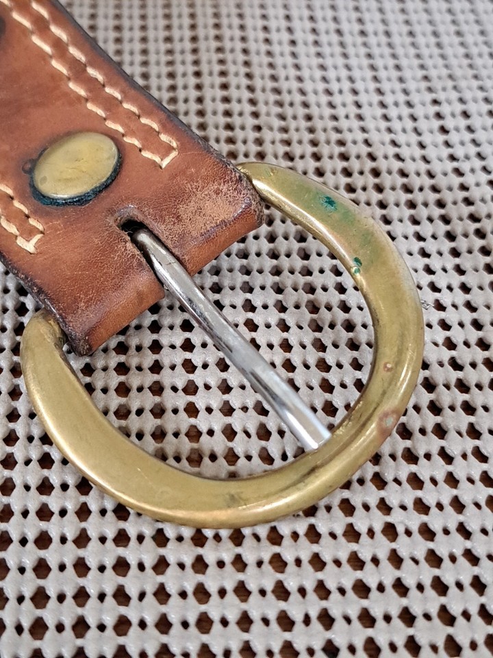 Triple K Leather Stitched Belt Gold Brass Buckle Mens Size 46 eBay