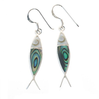 Ohrringe Fisch mit Abalone und Shiva Auge 925 Silber 4 cm