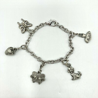 Silver Tone 5 Charm Bracelet Strawberry Dog Butterfly Ballerina Couch 6.75'' Long
