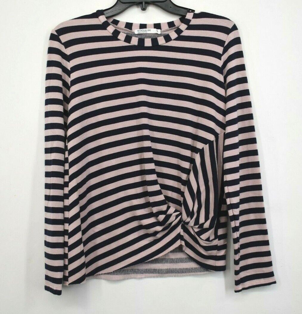 Stateside Women Stripe Print Crew Neck Long Sleeve Stretch Front Twist  Pullover