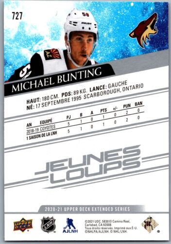 20-21 UPPER DECK YOUNG GUNS JEUNES LOUPS MICHAEL BUNTING RC #727 ARIZONA COYOTES - Foto 2 di 2