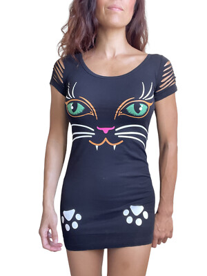 Lost Queen Black Cat and paws Cut Out Shoulders Extra Length Top