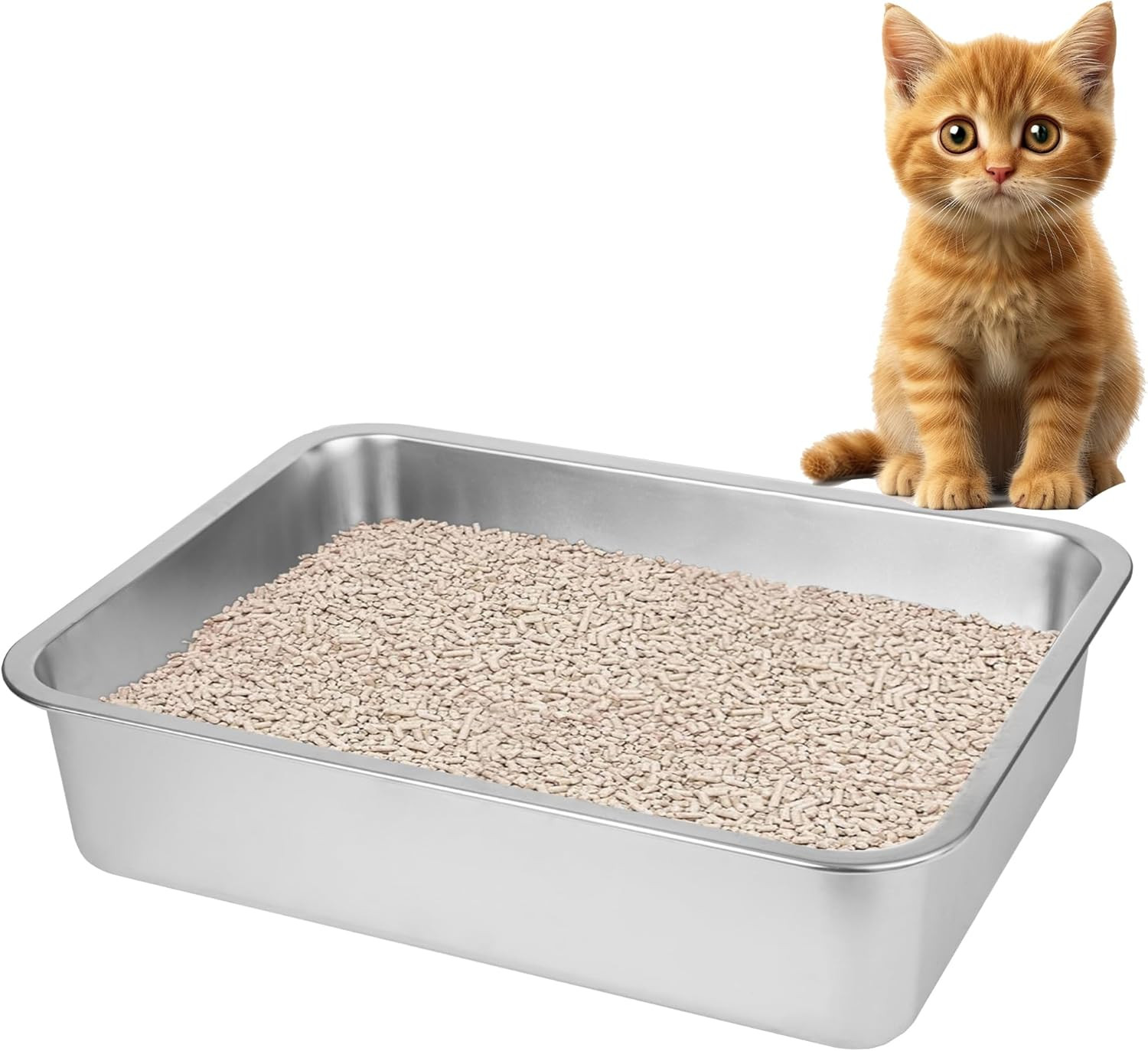 2 Pack Stainless Steel Cat Litter Box(17.5 L X 13.6 W X 4.1 