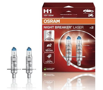 Osram NIGHT BREAKER LASER H1, +150% mehr Helligkeit, Halogen-Scheinwerferlampe