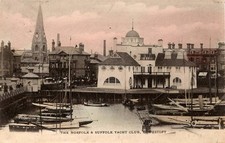 drukowana pocztówka lowestoft, klub jachtowy, kościół św. Jana wysłana w 1905 roku