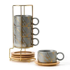 6 Ounce Porcelain Stackable Espresso Cups with Saucers and Metal Stand Set of...