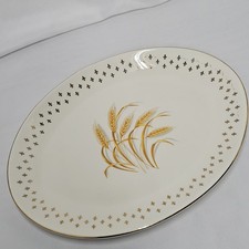 VTG MCM Golden Wheat Serving Platter with Fleur Di Lise Gold Trim Made In USA