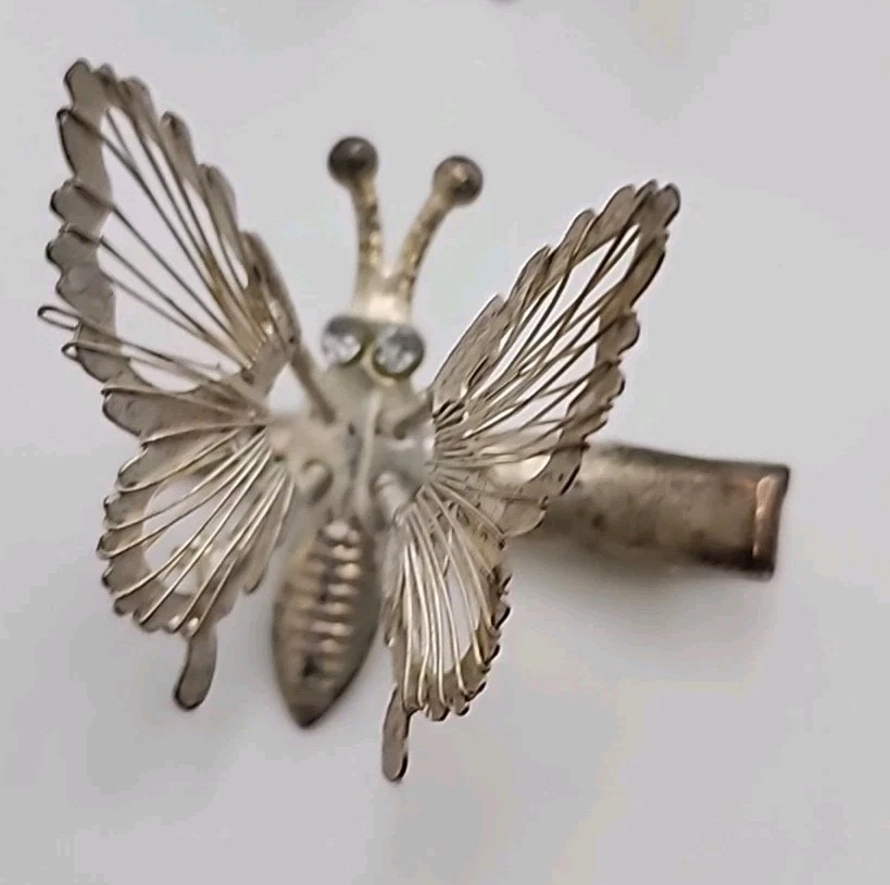 Vintage Trembler Butterfly Moving Wing Silver Tone Glitter Bead Enamel Hair Clip - Image 2 of 4