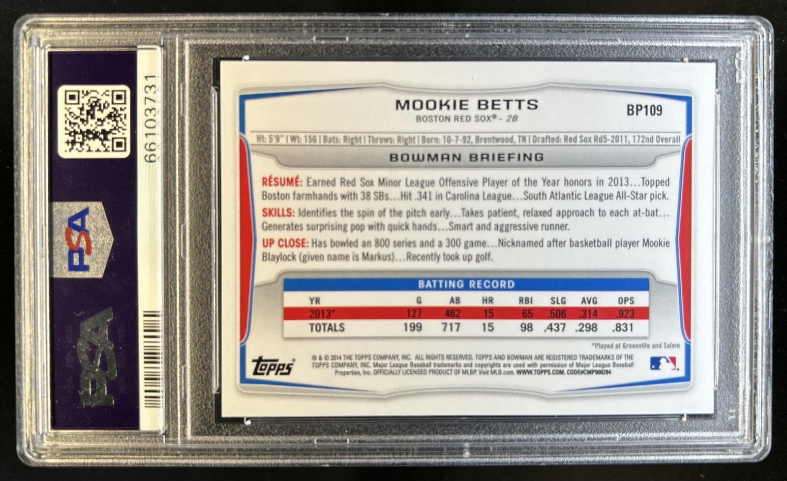 2014 Bowman Mookie Betts 1st Prospect Rookie RC #BP109 Red Sox PSA 10 GEM MINT view 2