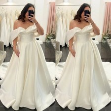 Elegant Wedding Dresses Satin White Ivory Off Shoulder Sweep Train Bridal Gowns