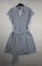 SHEIN Striped V-Neck Belted Dress Navy Blue White Cap Sleeve Size M 6 Mini