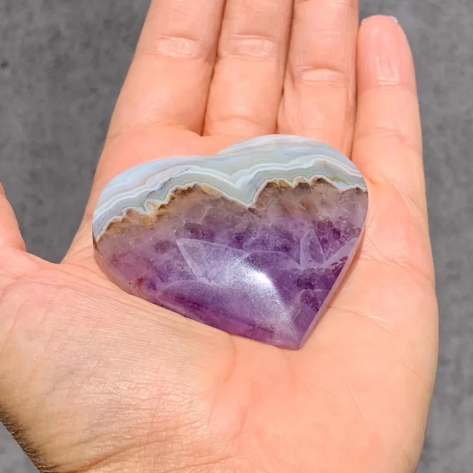 Piedra grande de palma de bolsillo de curación de ágata de encaje amatista corazón de 2"~3" Foto 3 de 4