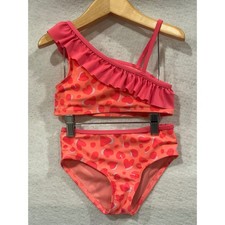 Cat Jack Girls Pink Orange Heart Leopard Print Ruffle Bikini Swimsuit Set 5T