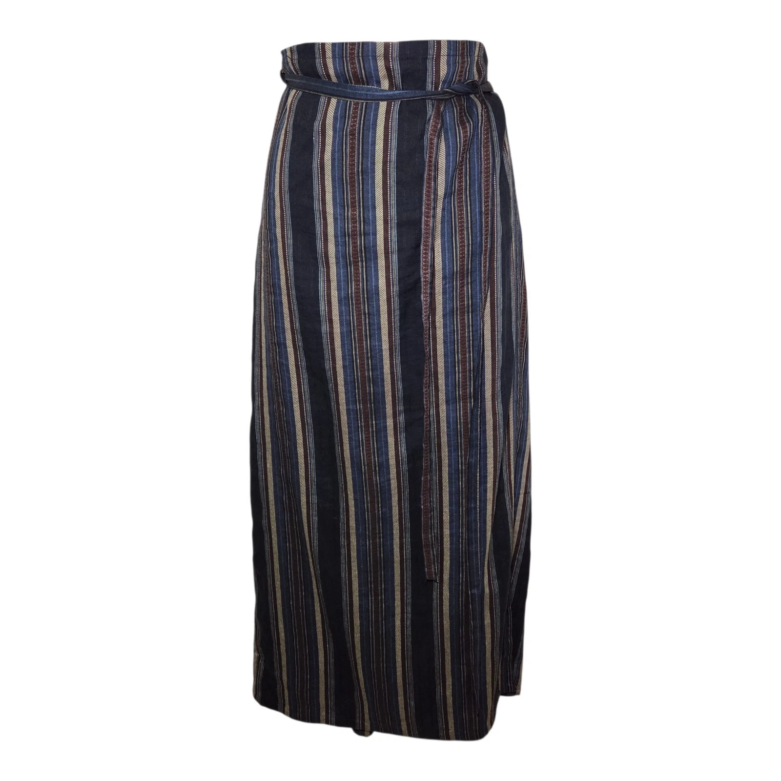 DKNY Classic Striped Linen Blend Wrap Maxi Skirt Women's Size 12 Belted