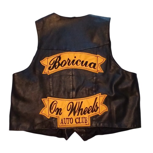 90TH Vintage Black Leather Vest with Yellow 'Boricua On Wheels' Patch