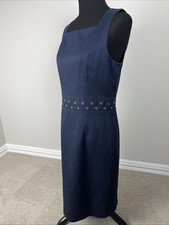 David Meister $550 Sz 10 M 38" Cotton Pique Sheath Dress Square Neck Navy Gold