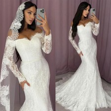 White Off the Shoulder Floral Lace Wedding Dress Long Sleeves Mermaid Tulle