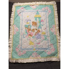 VTG Riegel Quilted Teddy Beddy Bear 1985 Baby Comforter Blanket Ruffle Trim