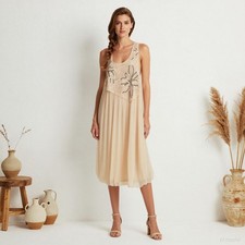 Evening Vintage Midi Dress Beige Viscose Shift Sleeveless Beaded Sequin M