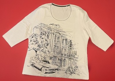 Bonita Damen Shirt, Gr. XL 3/4Arm Weiß Druck Stickerei Strass Neuwertig Elegant