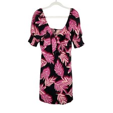 Who What Wear Floral Puff Sleeve Linen Blend Mini Dress Black Pink Size M