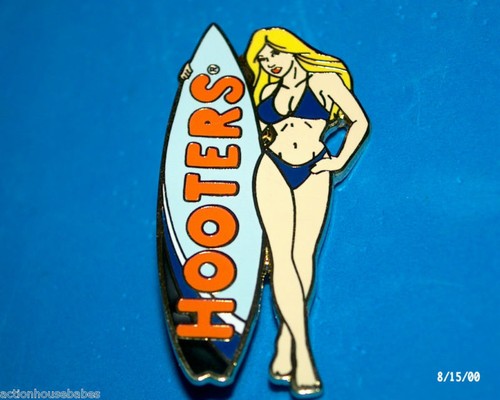 HOOTERS RESTAURANT SURFER GIRL BLONDE LITE BLUE SURFBOARD DARK BLUE SUIT PIN
