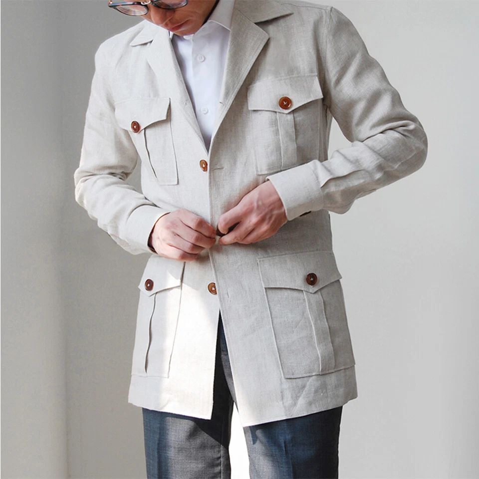 Льняная куртка-сафари мужской костюм повседневный британский стиль охотничье пальто с четырьмя карманами - Изображение 3 из 4
