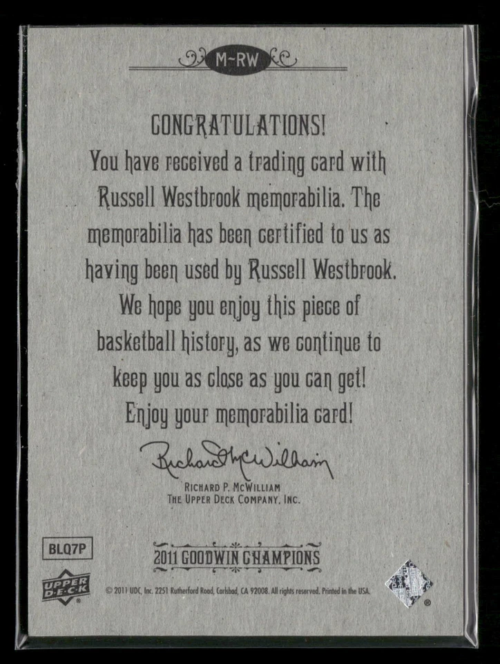 Russell Westbrook 2011 Upper Deck Goodwin Champions #M-RW Memorabilia - Image 2 of 2