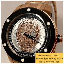50mm Auto Lattice SKULL Rosetn Bracelet Black Bezel SPEEDWAY Invicta Watch