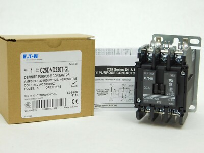 Eaton C25BNB230B Compact Definite Purpose Contactor, 30A Inductive Current Rating, 2 Max HP Rating at 115V, 5 Max HP Rating at 230V, 240VAC Coil Eaton C25BNB230B Compact Definite Purpose Contactor, 30A Inductive Current Rating, 2 Max HP Rating at 115V, 5 Max HP Rating at 230V, 240VAC Coil