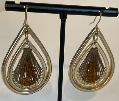 Gold Tone 2” Drop Dangle Earrings Retro String Art Beaded Hooks