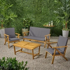 Manarola 4 Pc Outdoor Natural Wood Finish Chat Set w/ Water Resistant Cushion