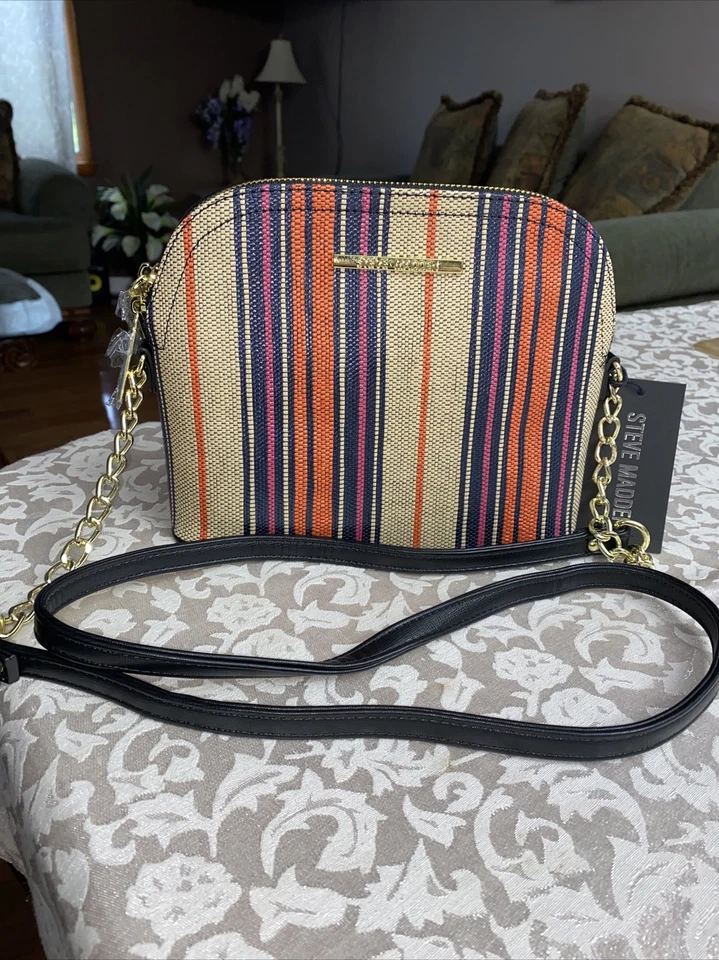 STEVE MADDEN HANDBAG BMAGGIE MULTICOLORED STRIPE PRINT XBDY GOLD -TONE HARDWARE