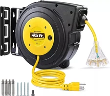 45 FT Retractable Extension Cord, 12 AWG/3C SJTOW Heavy Duty Power Cord