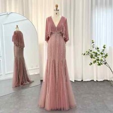 Luxury Pink Mermaid Evening Dresses with Cape V-Neck Women Wedding Party Gown