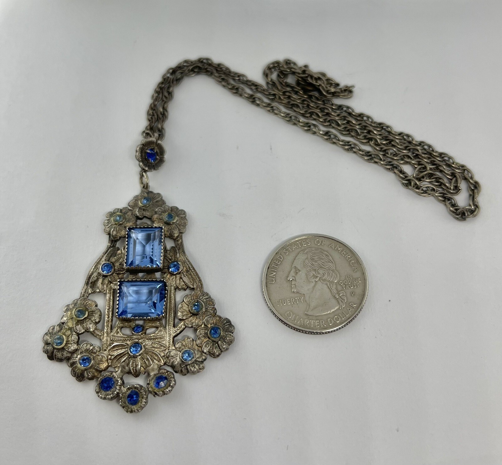 Art Deco Blue Rectangular Czech Glass Silvertone … - image 6