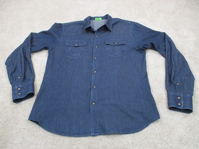 True Religion Shirt Adult Medium Blue Denim Jean Cotton Pearl
