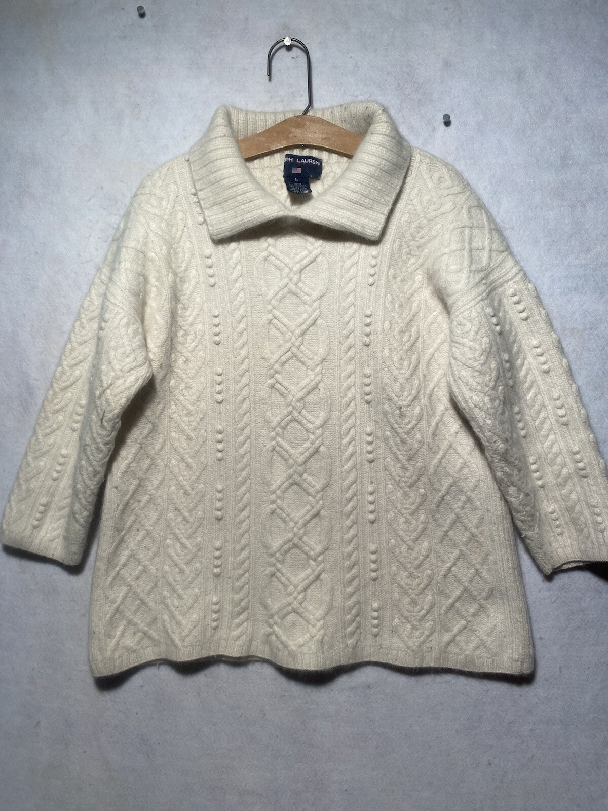 VTG Ralph Lauren Ski Sweater Fisherman Hand Knit Angora Wool Silk Women L READ