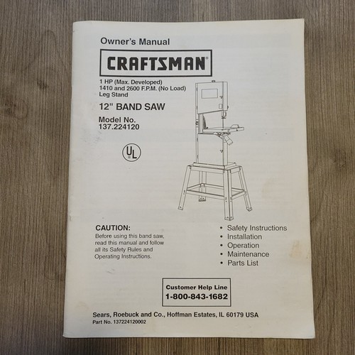 Craftsman 137.224120 Band Saw Owners Instruction Manual Parts List ...