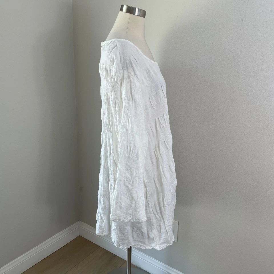 Flax Womens Plus 3G White Crinkled Linen Cotton Blend Long Sleeve Tunic Top - Image 3 of 4